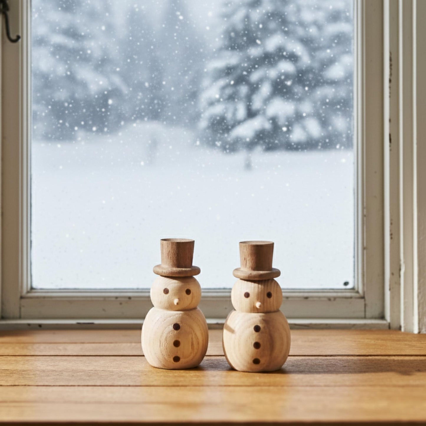 창밖으로 눈 내리는 풍경이 보이는 창틀 위에 우드 스노우맨 디퓨저 두 개를 나란히 세워둔 겨울 분위기 연출 사진