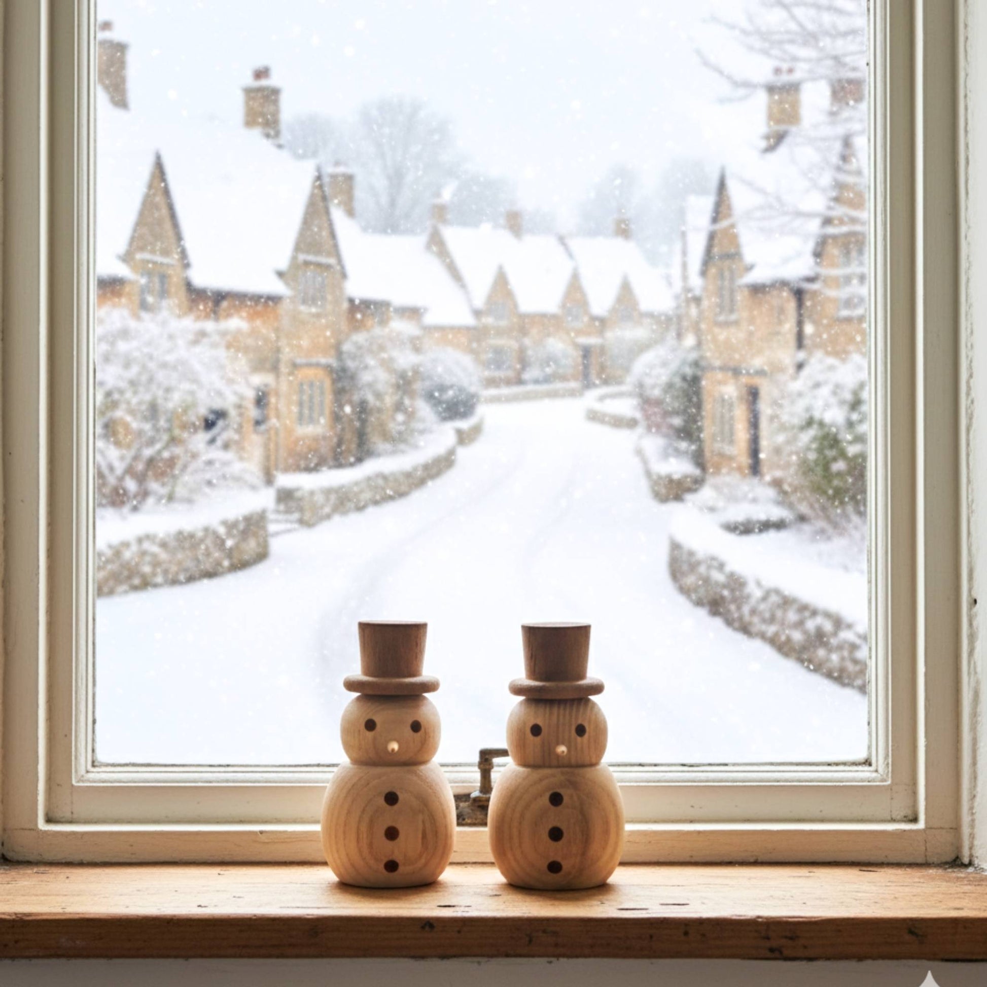 창밖으로 눈 내린 마을 풍경이 보이는 창틀 위에 나란히 세워진 우드 스노우맨 디퓨저 두 개가 보이는 연출 사진