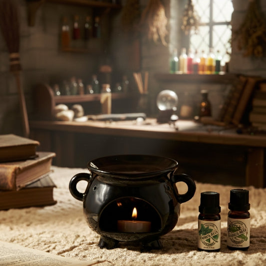 마법 실험실처럼 연출된 책상 위에 놓인 블랙 가마솥 모양 오일버너와 안에서 켜진 티라이트 캔들, 앞에 세워둔 가든데이즈 에센셜오일 병 두 개가 보이는 연출 사진