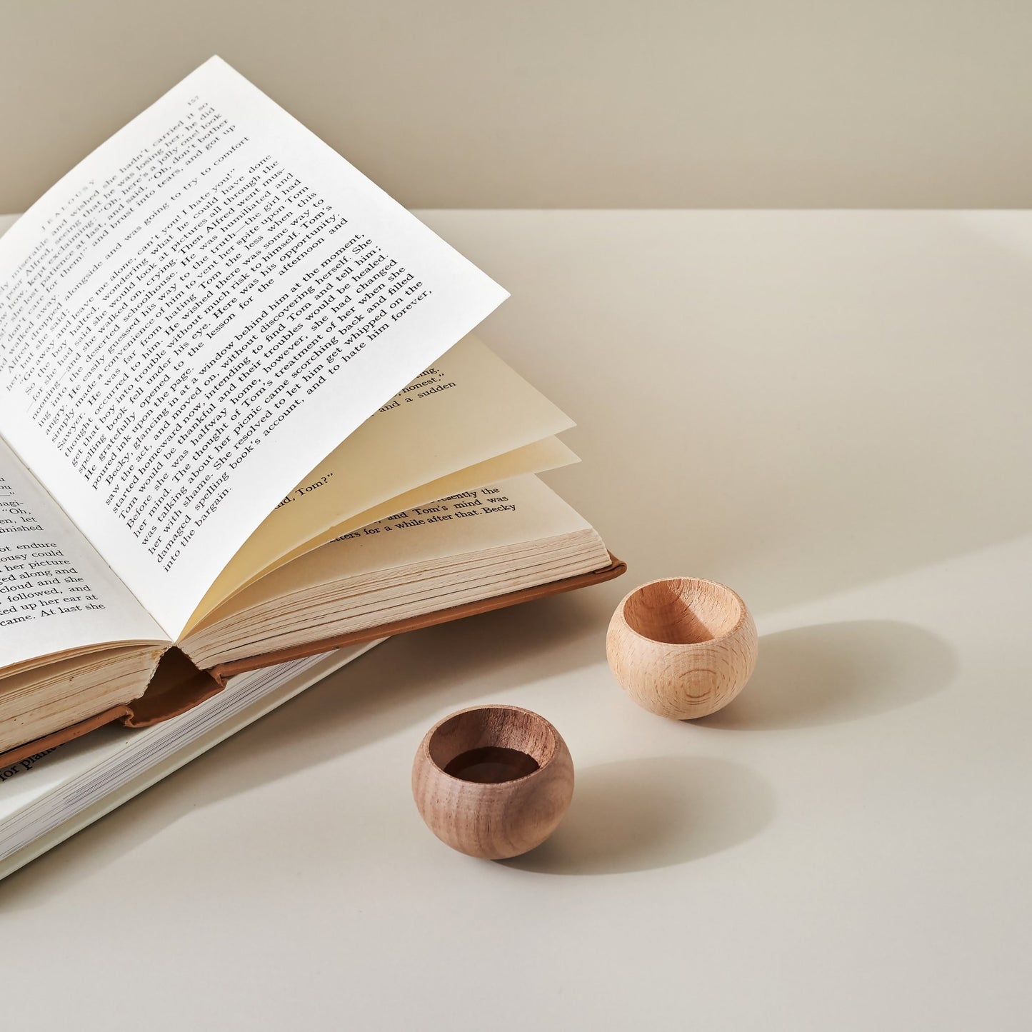 열어 둔 책 앞 크림색 상판 위에 나란히 놓인 밝은 원목과 진한 원목으로 만든 반구형 우드 발향제품 에그 브리즈볼 두 개가 보이는 메인 사진