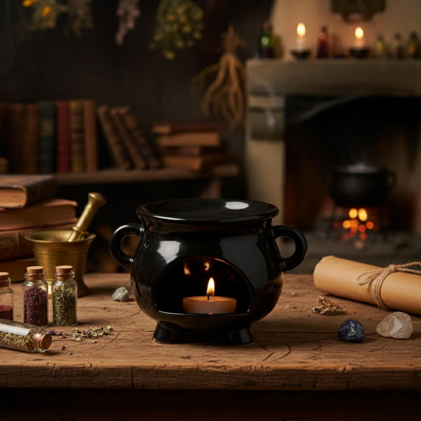책 더미와 작은 크리스탈 오브제들이 놓인 테이블 위 중앙에 블랙 가마솥 모양 오일버너와 밝게 켜진 티라이트 캔들이 보이는 마법 콘셉트 연출 사진