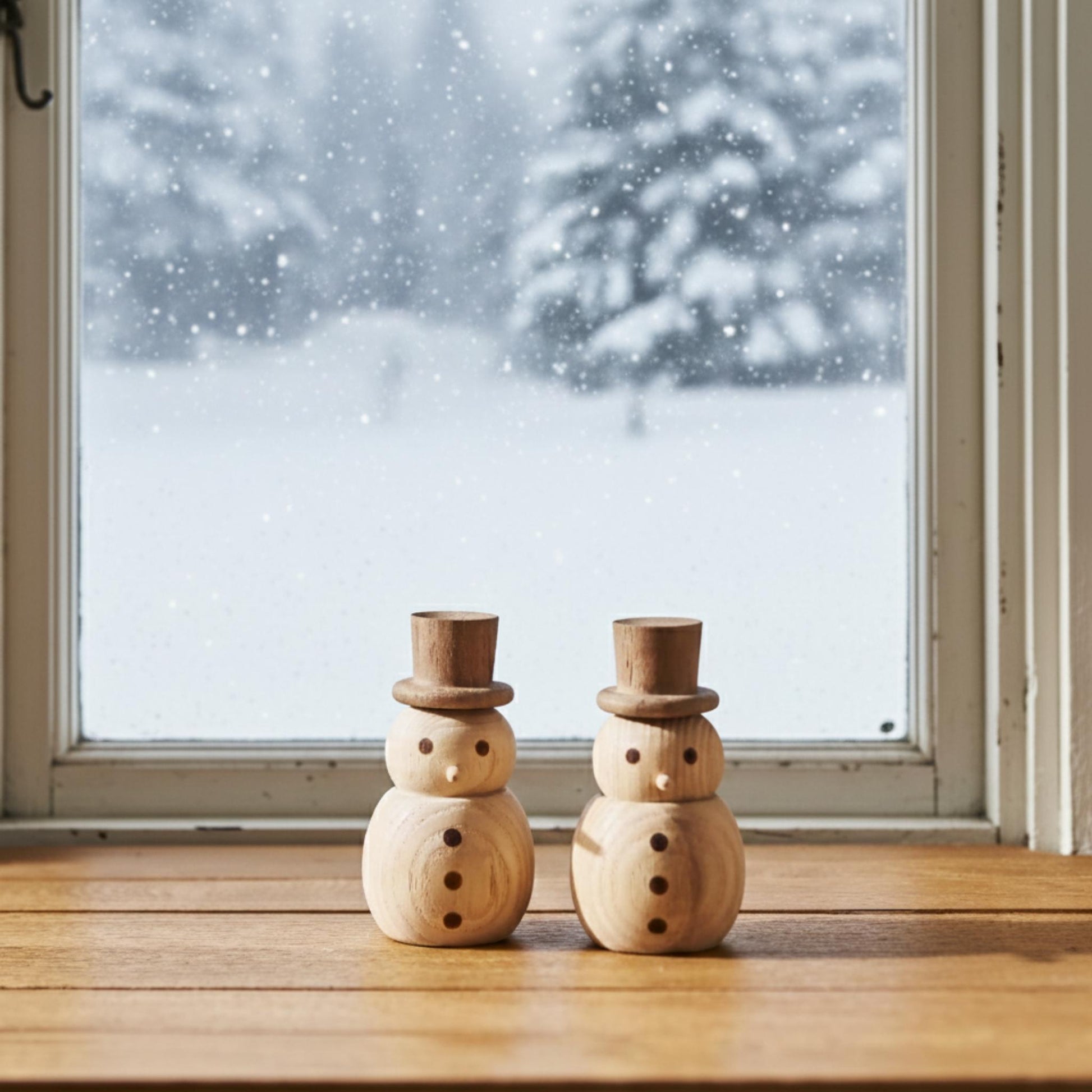 창밖으로 눈 내리는 풍경이 보이는 창틀 위에 우드 스노우맨 디퓨저 두 개를 나란히 세워둔 겨울 분위기 연출 사진